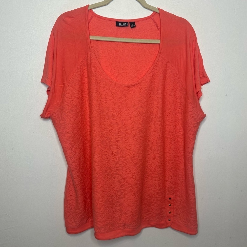 a.n.a. A New Approach Peach Coral Crochet Design Plus Size Tee Blouse Sz 3X
